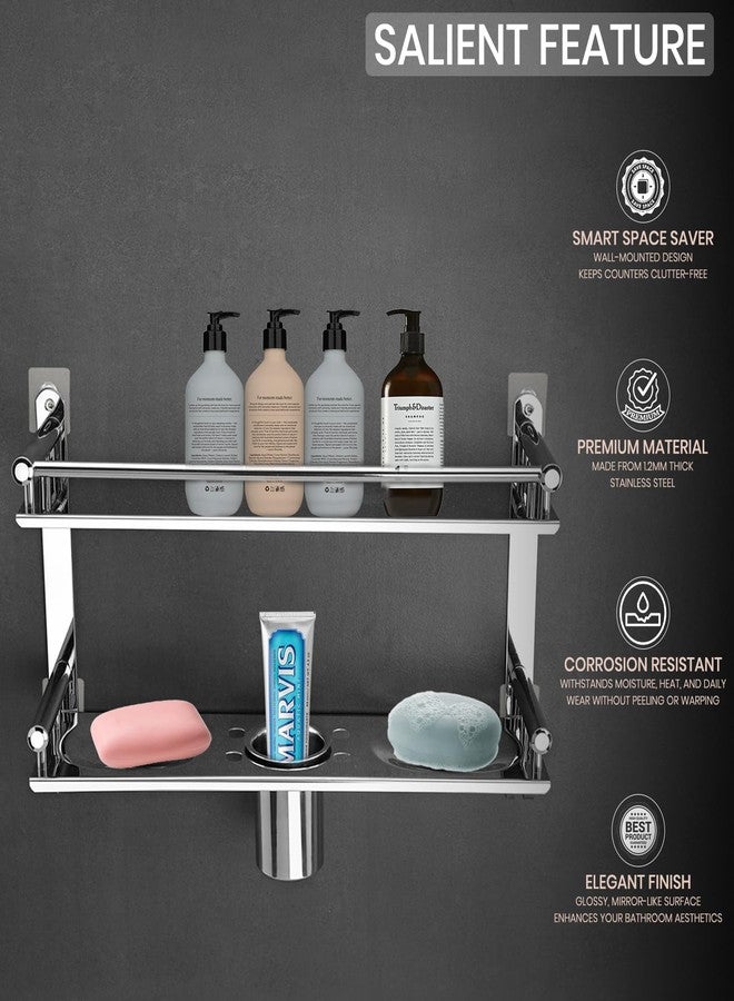 ARQUIN Bathroom Shelf and Rack | 304 Stainless Steel 2 Layer Wall Mounted Bathroom Storage Shelves Washroom Basin | Double Soap Dish and Tumbler Holder Soap Holder Bathroom Accessories - Image 3